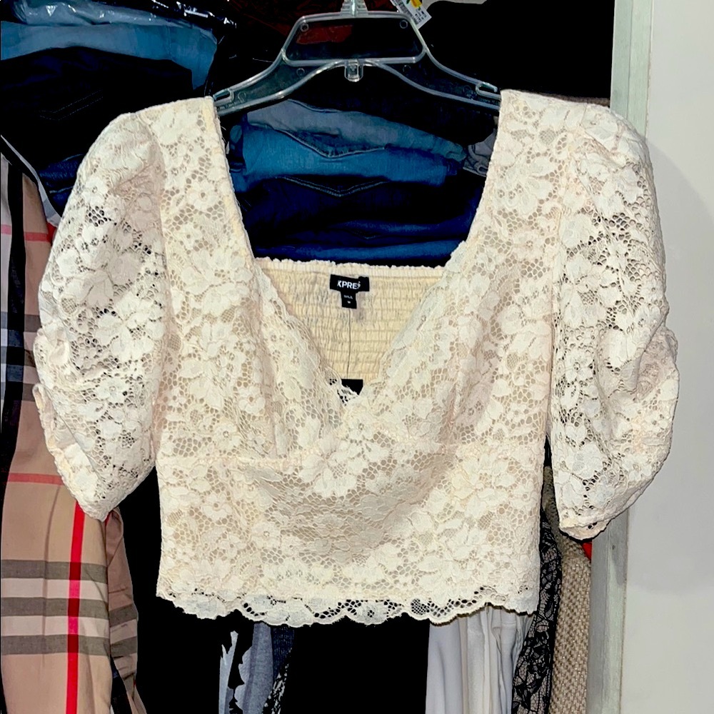 Express Cream Puff Sleeve Smocked Crop Blouse